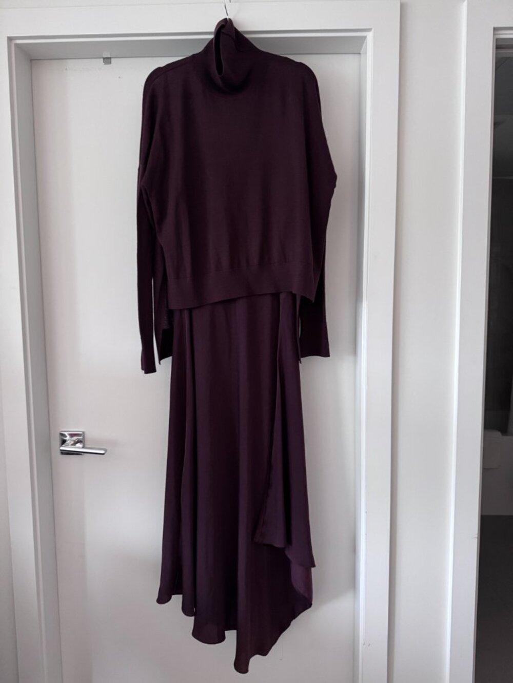 Burgundy All Saints Sweater and handkerchief hem Slip Dress